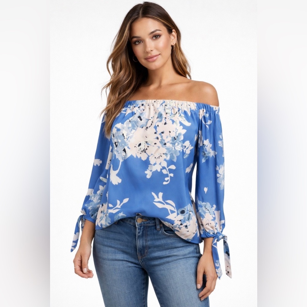 Yumi Kim Top S Small Blue Pink Floral Off Shoulder 3/4 Long Tie Sleeve